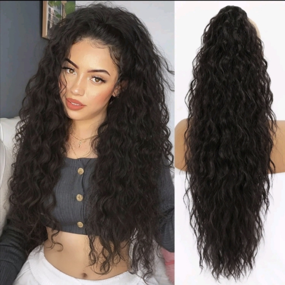 Luxurious Black Wavy Clip On Hair Extension Ponytail - Picture 5 of 5